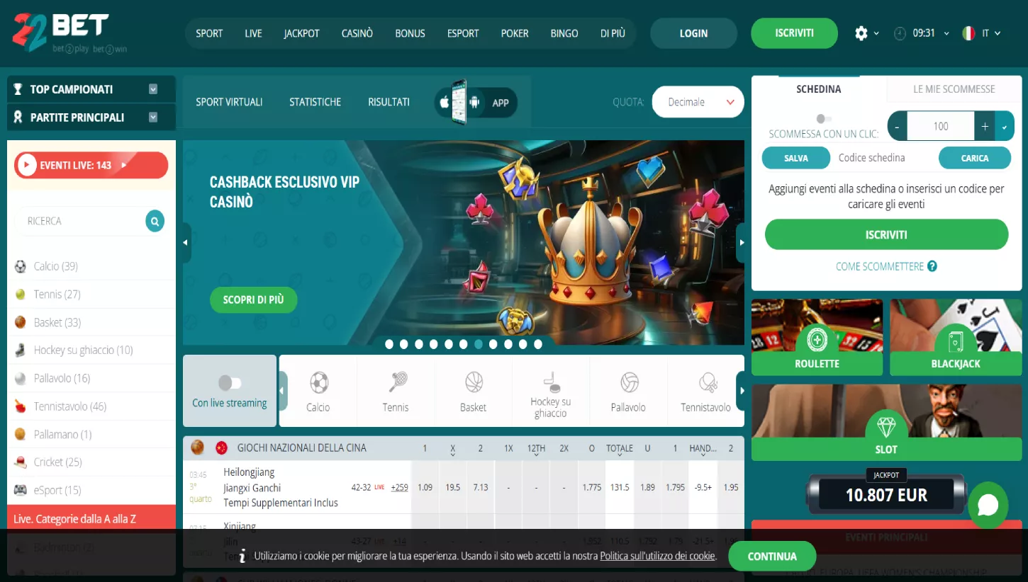 Pagina principale di 22bet Casino