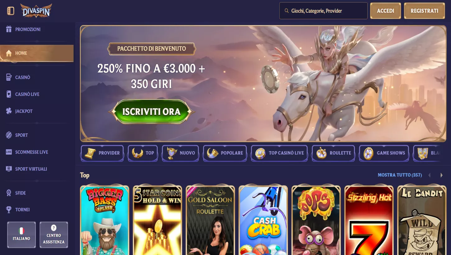 Pagina principale di Divaspin Casino