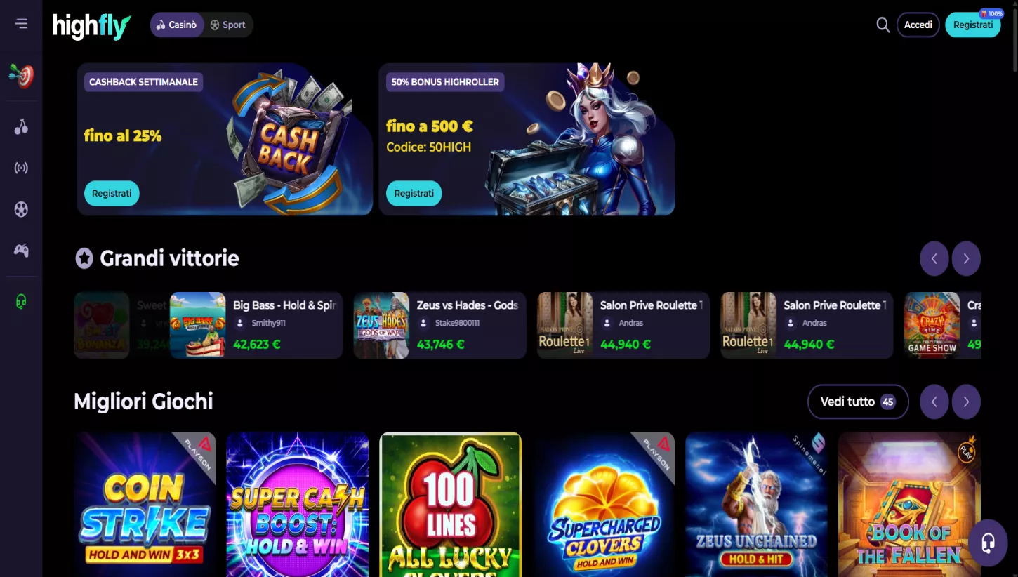 Pagina principale di Highflybet Casino