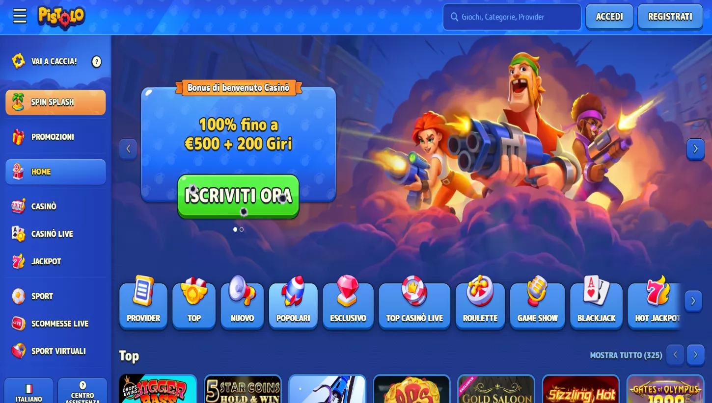 Pagina principale di Pistolo Casino
