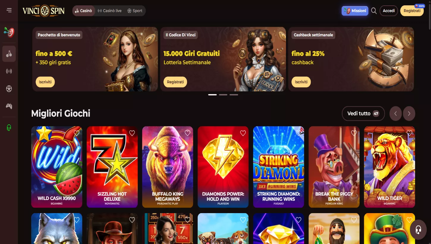 Pagina principale di Vincispin Casino