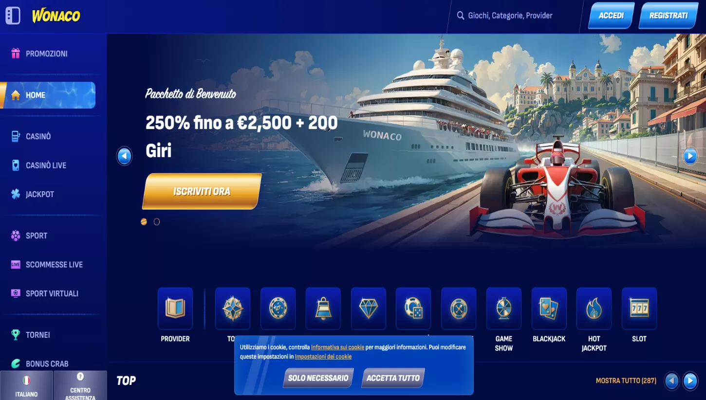 Pagina principale di Wonaco Casino