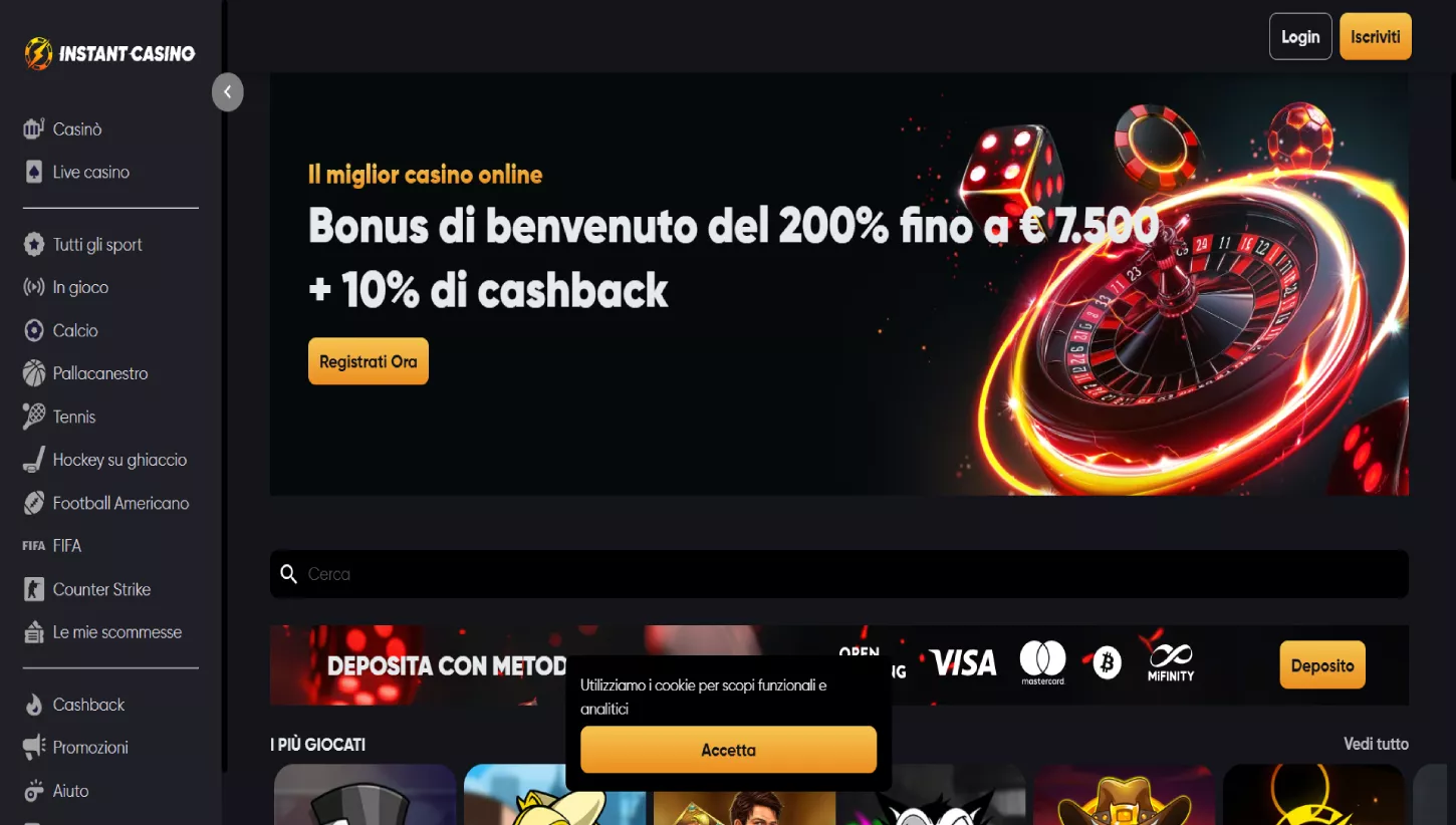 Pagina principale di InstantCasino